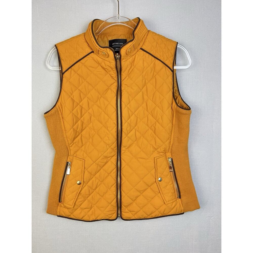 Active USA Quilted Zip Vest Women Medium Pumplin Orange Stretch Side Panels